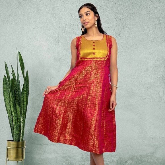 Luxury Red and Gold Silk Knee-Length Dress | Muvvas Boutique - Picture 2 of 5